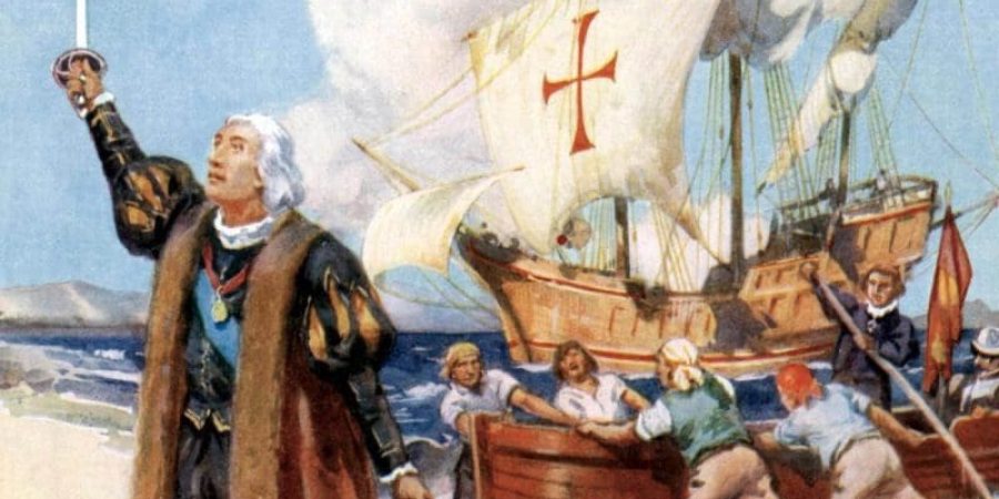لوحة تمثل هبوط كريستوفر كولومبوس على شاطئ أميركا الشمالية مع طاقمه