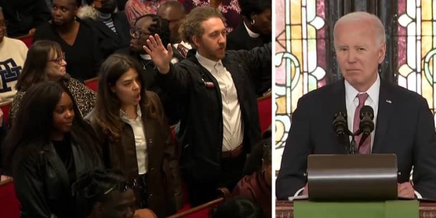 متظاهرون خلال كلمة للرئيس الأمريكي جو بايدن