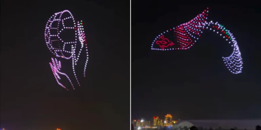 عروض ضوئية بطائرات مسيرة صنعت لوحات ضوئية للتضامن مع غزة والقضية الفلسطينية بالعاصمة القطرية الدوحة