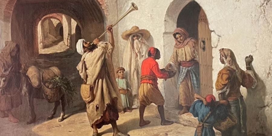 لوحة للفنان البلجيكي فيكتور إيكهوت (القرن 19) رسم فيها مشهد فرقة موسيقية شعبية رمضانية بمدينة طنجة