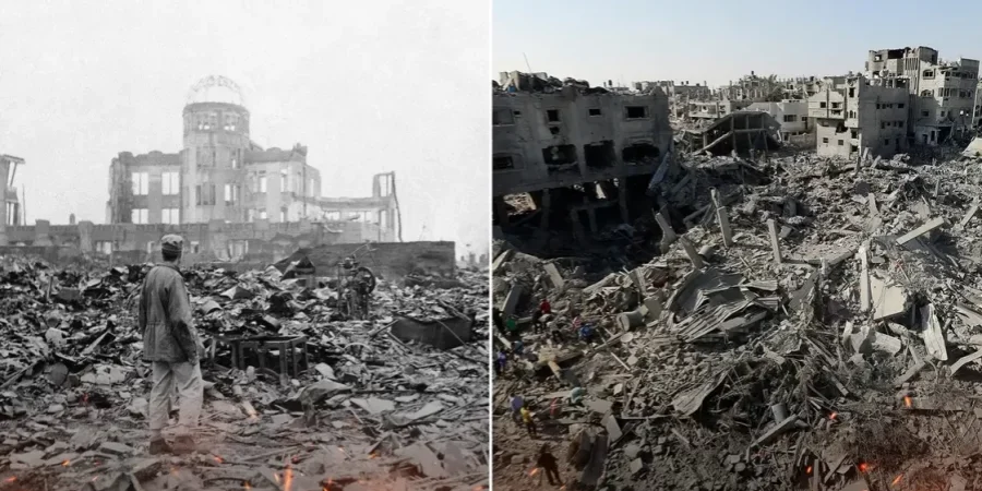 الدمار في غزة (يمين الصورة) ، هيروشيما (يسار الصورة)