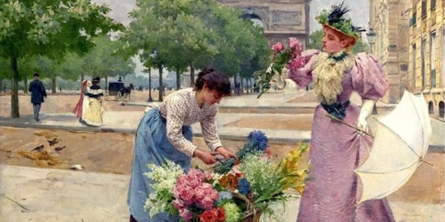 لوحة "بائعة زهور في الشانزلزيه" (A Flower Seller on the Champ-Elysees) المرسومة عام 1895 (مواقع التواصل)