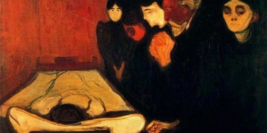 لوحة "بجانب فراش الموت" للرسام النرويجي إدفارد مونش، والمرسومة في أواخر القرن الـ19 (مواقع التواصل)